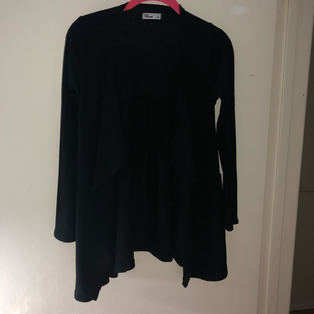 Black rib knit cascading cardigan